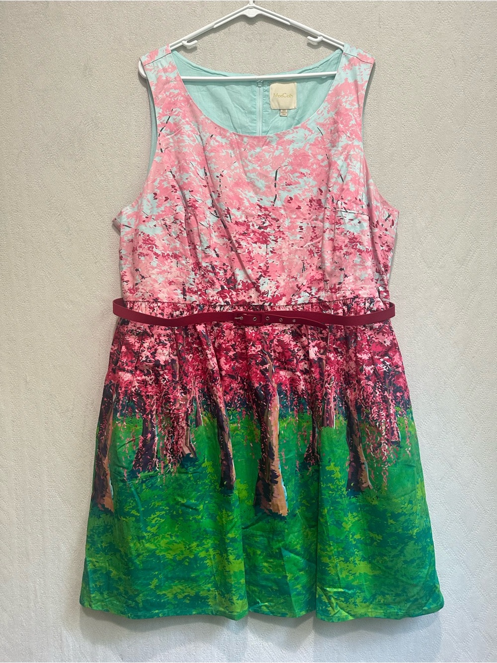 Mod Cloth Festive Frondescene Cherry Blossoms Sleeveless Dress Belt Sz 3X Pink